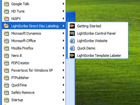 Accessing LightScribe Software from the Start Menu Accessing LightScribe Software from the Start Menu